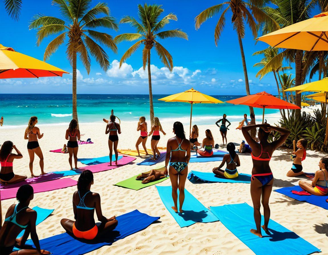 A sun-drenched beach scene featuring diverse models showcasing vibrant swimwear styles, engaged in fun fitness activities like beach volleyball and yoga. The background features palm trees and colorful beach umbrellas, while the ocean sparkles in the sunlight. Include playful elements like surfboards and tropical drinks. bright colors. summer aesthetic. 3D.