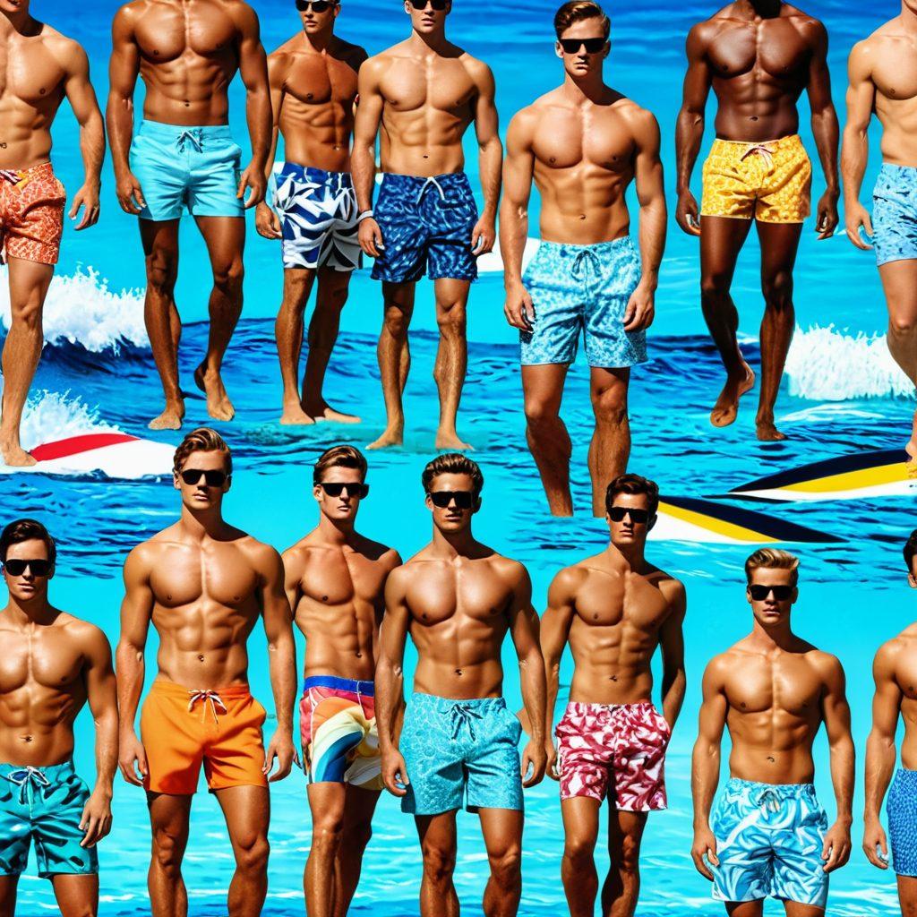 A vibrant collage showcasing the evolution of men's swimwear style, featuring vintage beach scenes with retro swim trunks, transitioning to modern high-fashion runway models in sleek swimwear designs. Include a colorful ocean backdrop and elegantly dressed men, illustrating both casual beach vibes and high-fashion aesthetics. Capture the texture of fabrics and the essence of style evolution in each segment. super-realistic. vibrant colors. dynamic composition.
